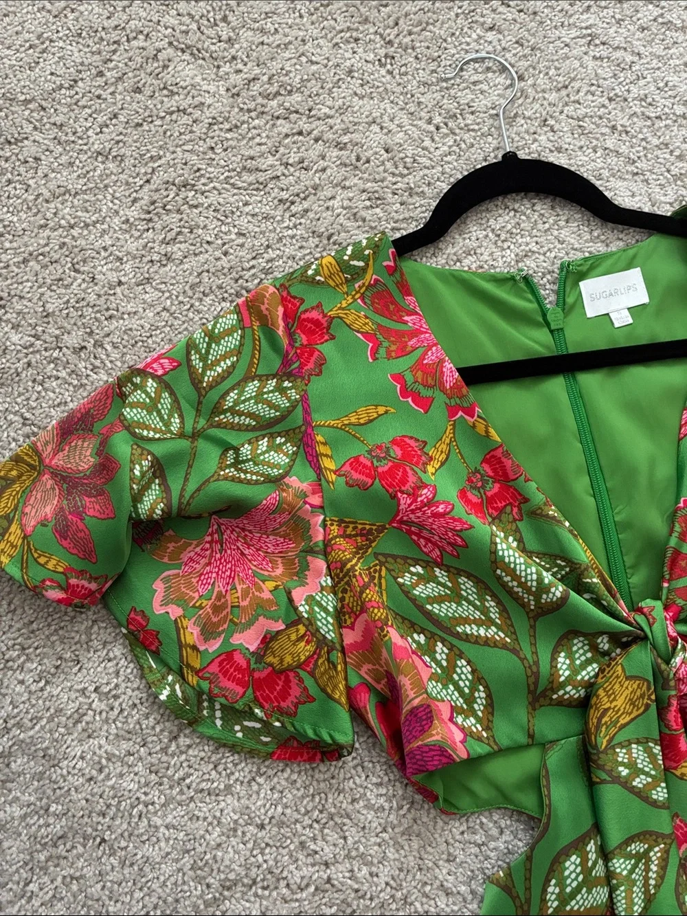 Sugarlips Green Floral Tie-Front Midi Dress with Pink Accents